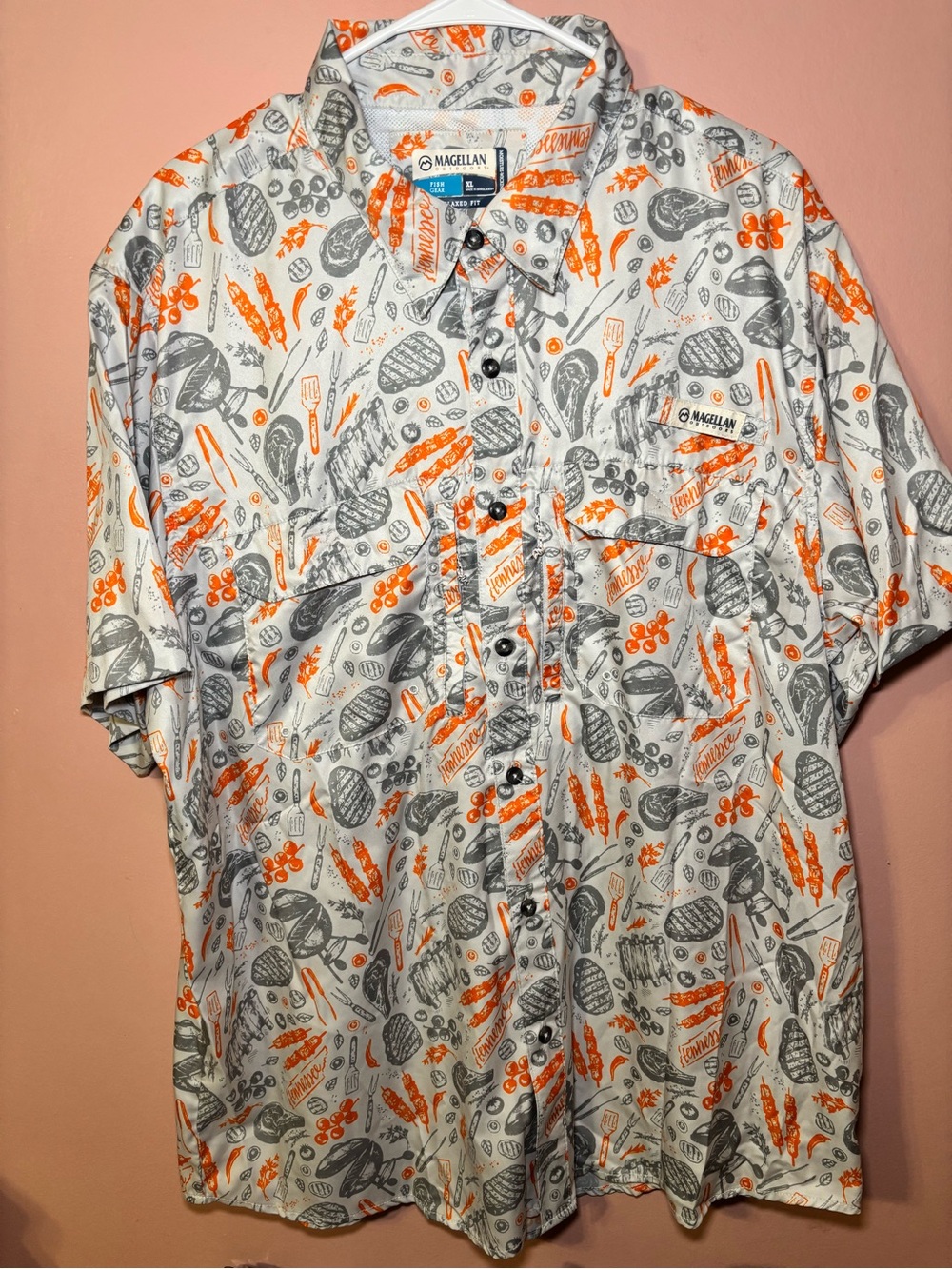 Magellan Outdoors White Short-Sleeve Button-Down Shirt with Orange & Gray Print